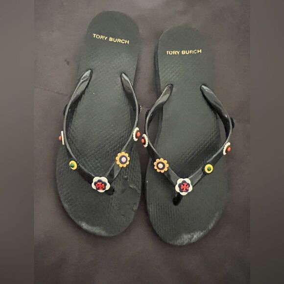 Tory Burch Marguerite Floral Flip Flop Rubber cute logo flats rare sold out shoe - Picture 1 of 7
